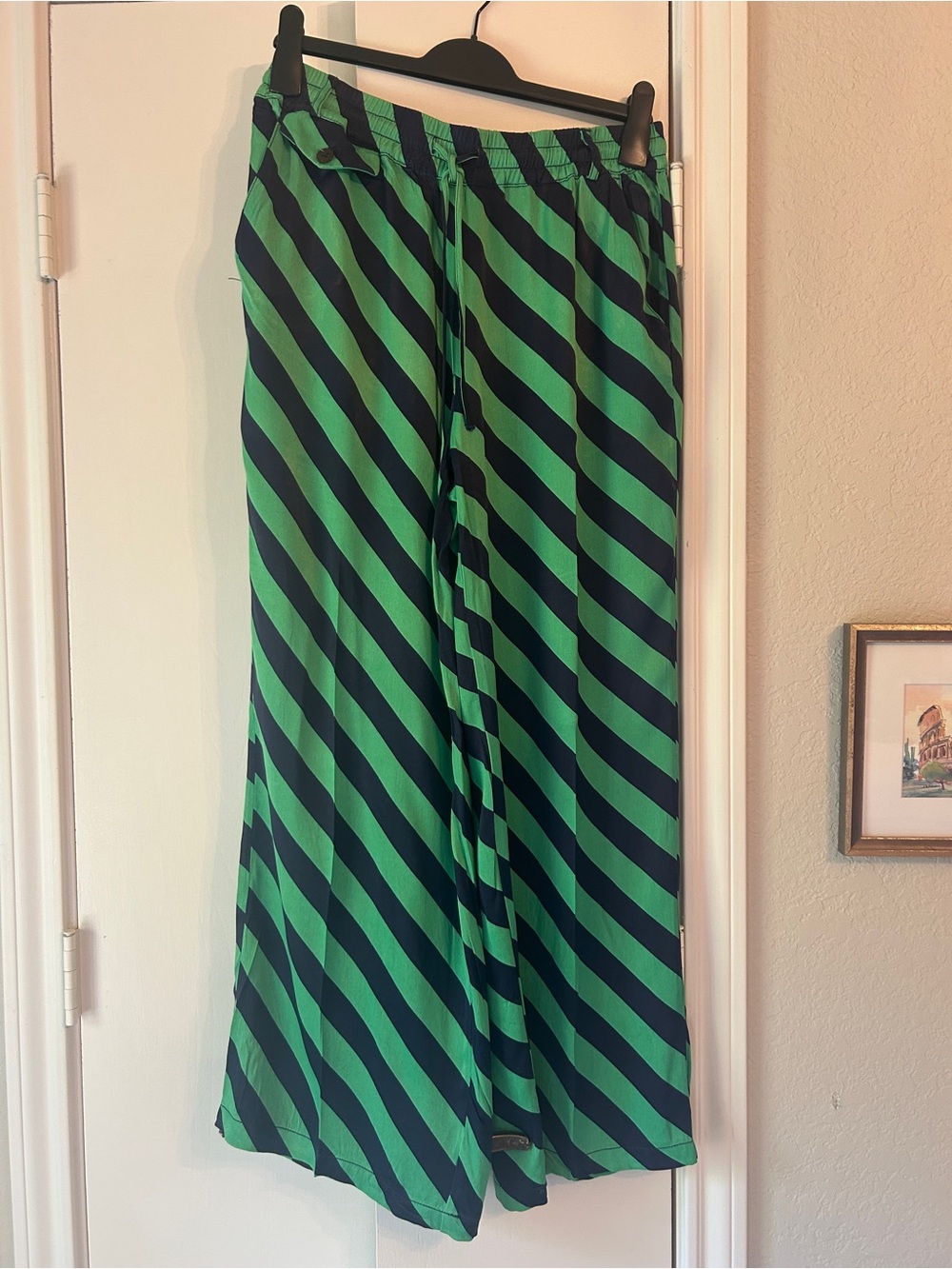 Maeve Green and Navy Blue Diagonal-Stripe Wide-Leg Trousers
